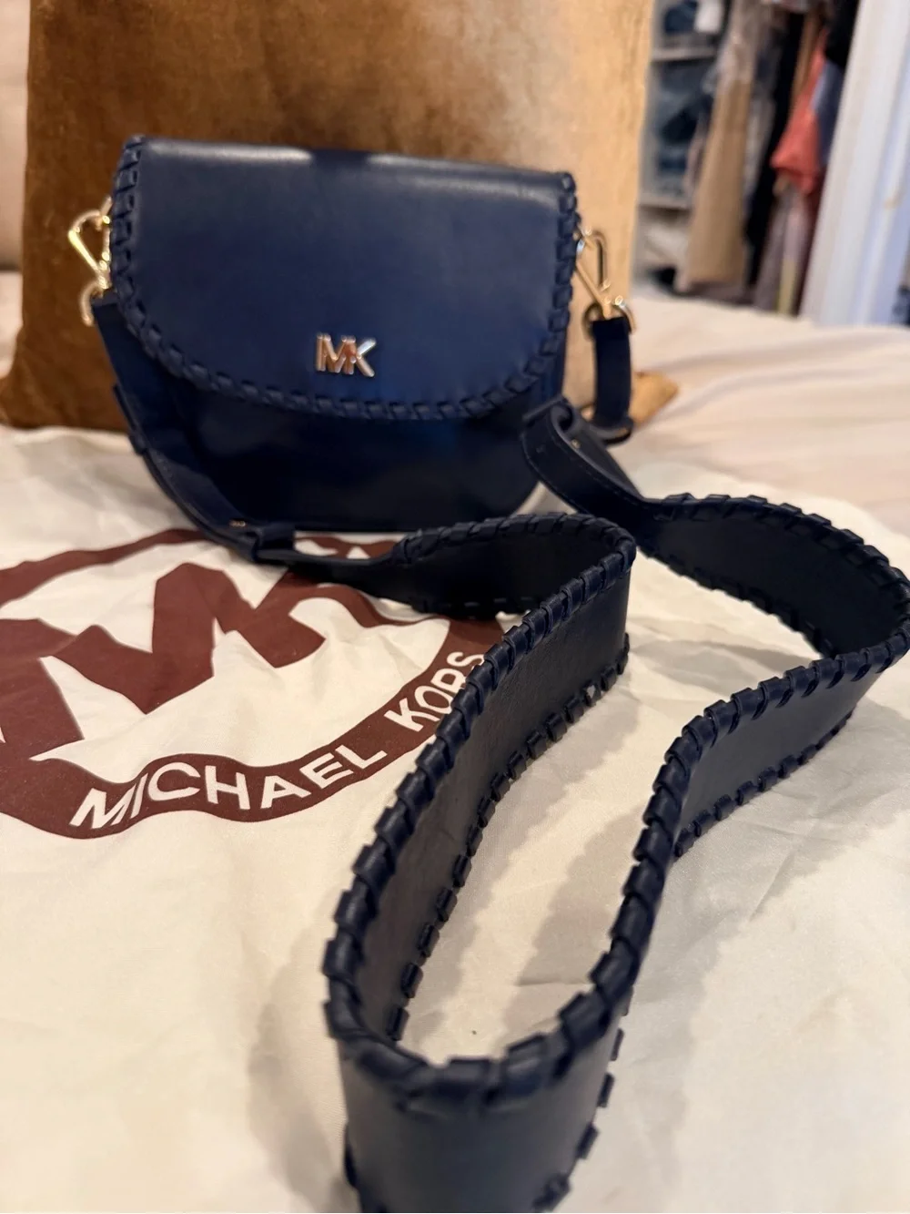 Michael Kors Navy Whipstitch Leather Crossbody with Gold MK Logo